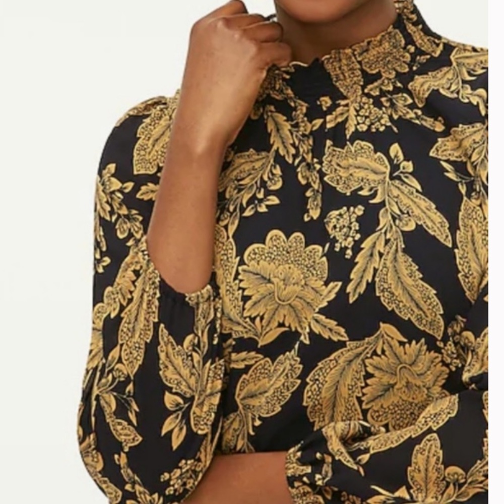 J. Crew Smocked Neck Floral Navy Gold Blouse XXL